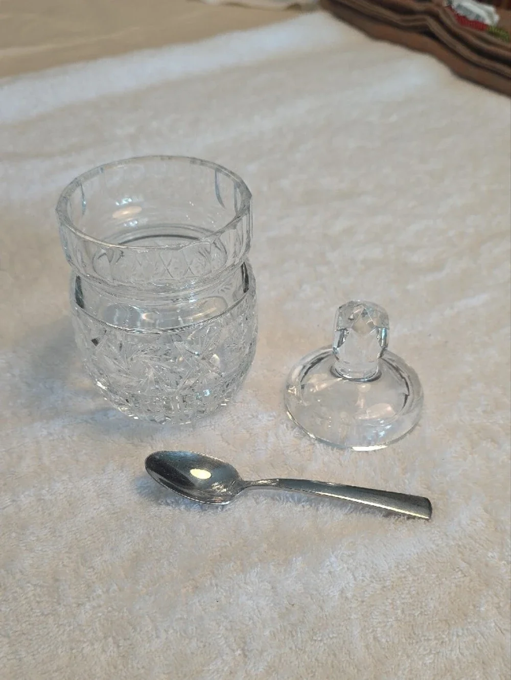 Cut Glass Crystal Sugar Bowl with Lid and Spoon - Clear